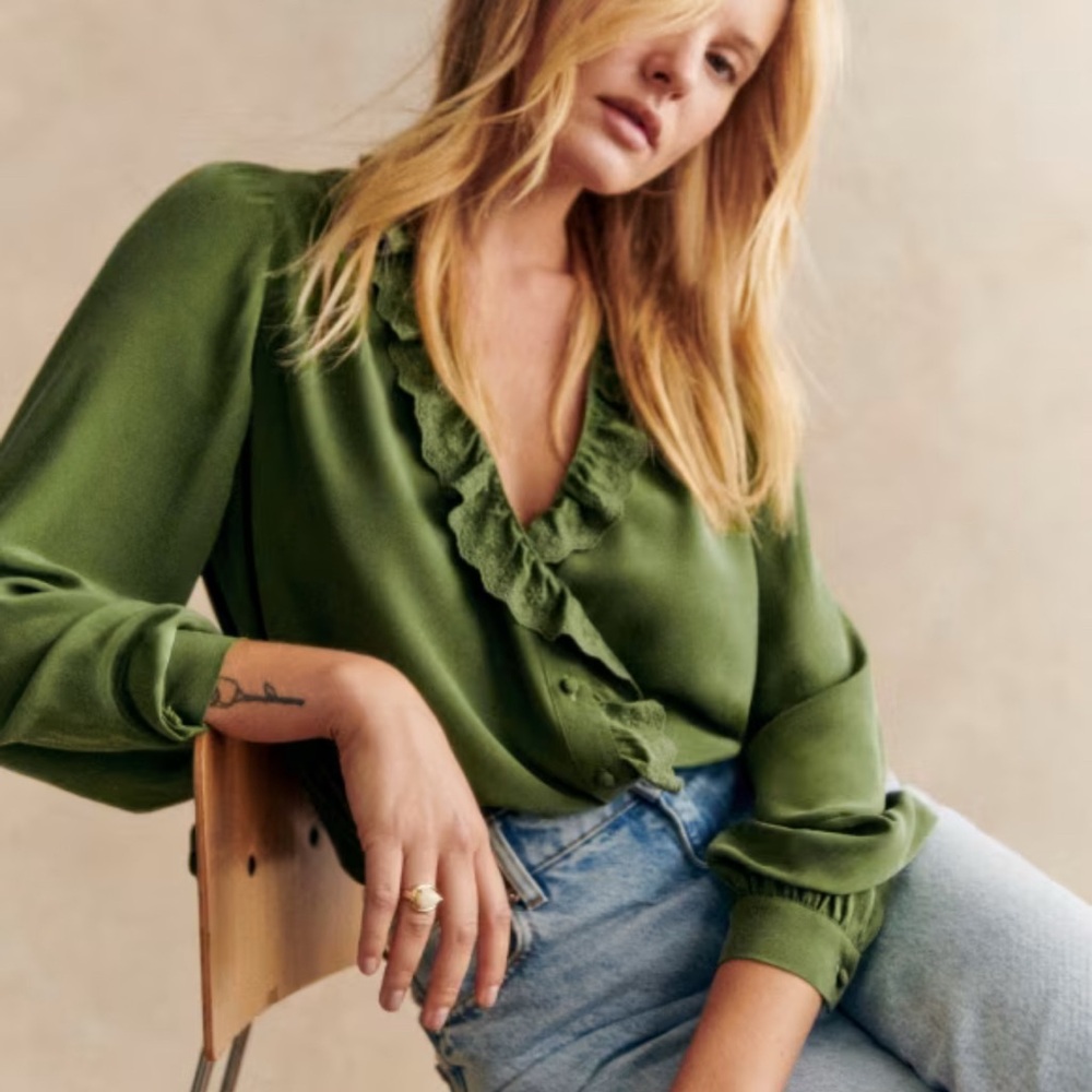 Sezane Green Ruffled Puff Sleeve Blouse